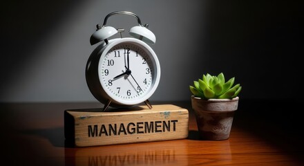Naklejka premium Vintage alarm clock on wood block engraved with 'MANAGEMENT' alongside a potted succulent plant