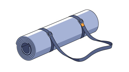 Rolled purple yoga mat secured with carrying straps for fitness exercise and healthy lifestyle on white background.