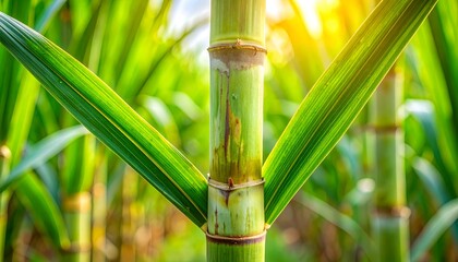 Obraz premium Close-up of vibrant sugarcane stalks surrounded by lush green leaves in a sunlit field