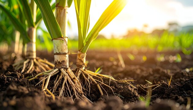 Close-up of sugarcane plants with visible roots, bathed in warm sunlight, showcasing the fertile soil
