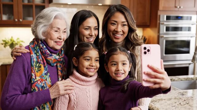 Family of four generations taking a selfie together in a modern kitchen with appliances and countertops