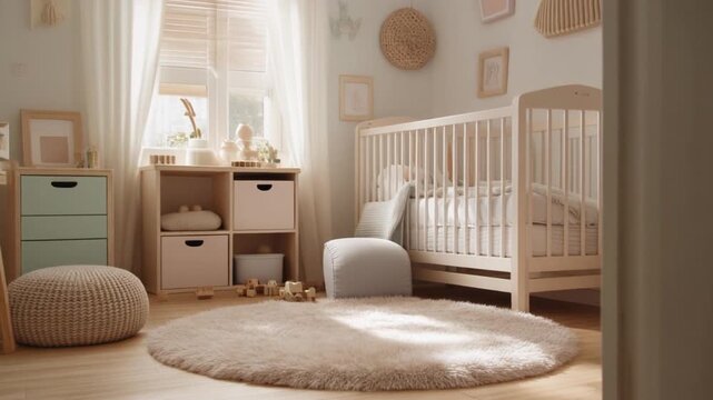 Bright and Cozy Baby Nursery Room with Wooden Crib, Fluffy Rug, and Pastel Furniture Bathed in Natural Light