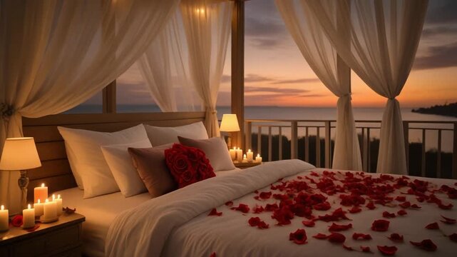 Luxurious romantic bedroom with rose petals, lit candles, and canopy bed overlooking the ocean at sunset.
