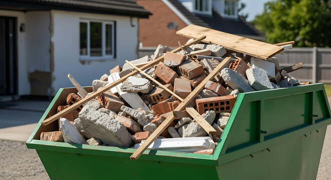 Green Construction Skip Bin Overflowing with Brick and Concrete Rubble on Residential Site