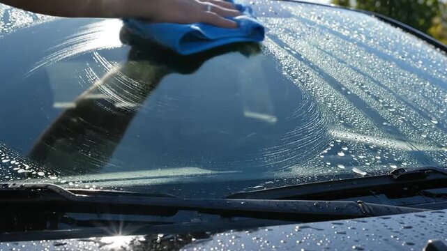 Cleaning car windshield with blue squeegee on a sunny day