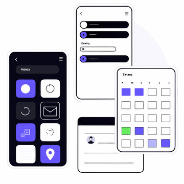A collection of mobile device interfaces showcasing various input methods and screens. Vector