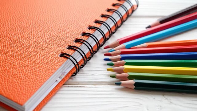 Orange notebook and colorful pencils on table.