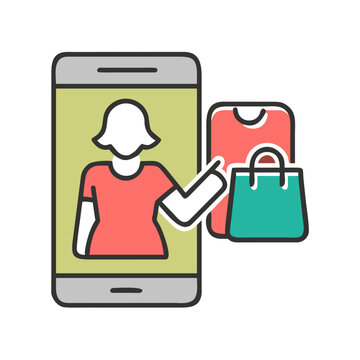 A smartphone screen displaying a virtual try-on for a red top and a green handbag. Vector