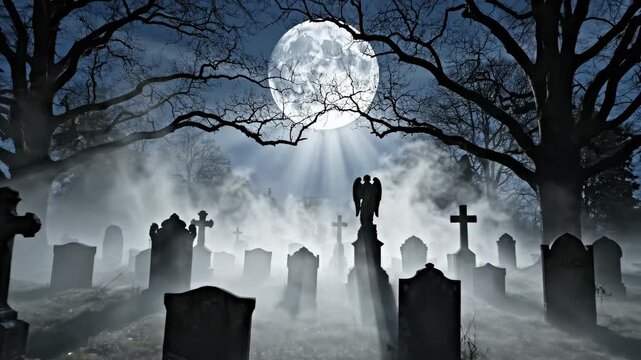 Eerie Graveyard Under Moonlight - A Spooky Halloween Night Scene.