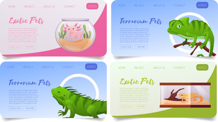 Fototapeta premium Terrarium pets landing page cartoon design vector set, exotic iguana pet, tropical reptile animal, Axolotl in aquarium