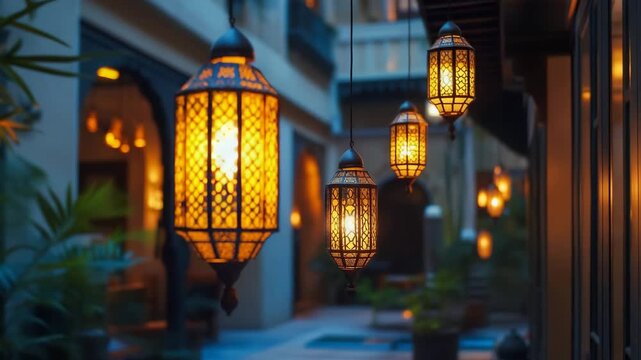 Moroccan lanterns illuminating traditional architecture at twilight