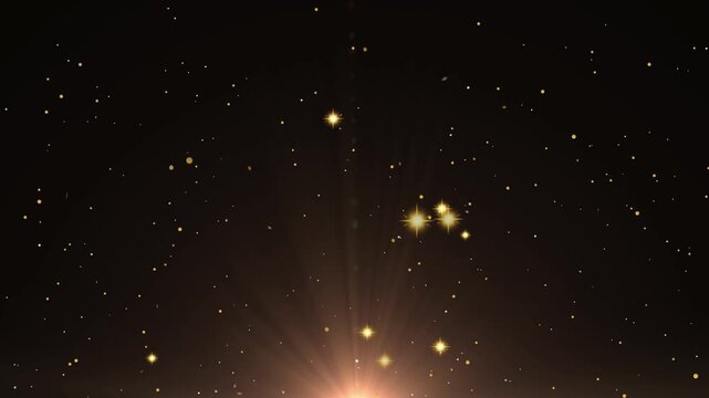 Brilliant golden particulate matter streams upward from a bright central light source against a deep dark background suggesting magic or celebration.