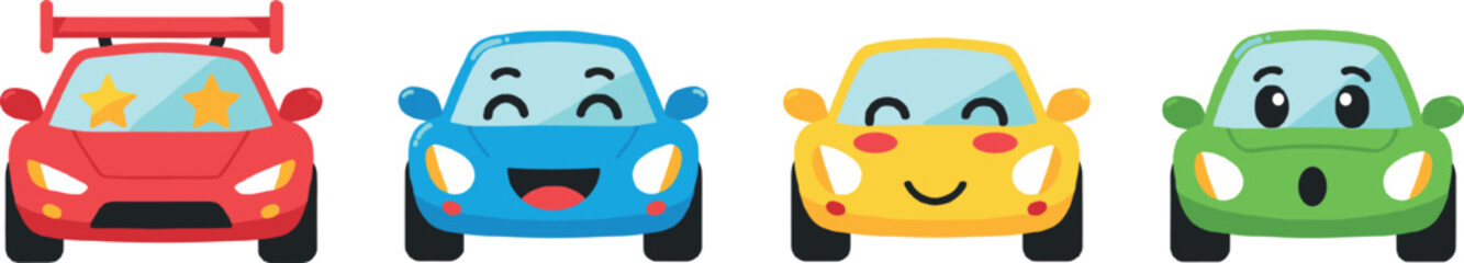 Cute cartoon car characters set with smiling colorful vehicles front view illustration © Sabbir Studio