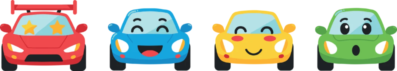 Fotobehang Auto Cute cartoon car characters set with smiling colorful vehicles front view illustration  © Sabbir Studio