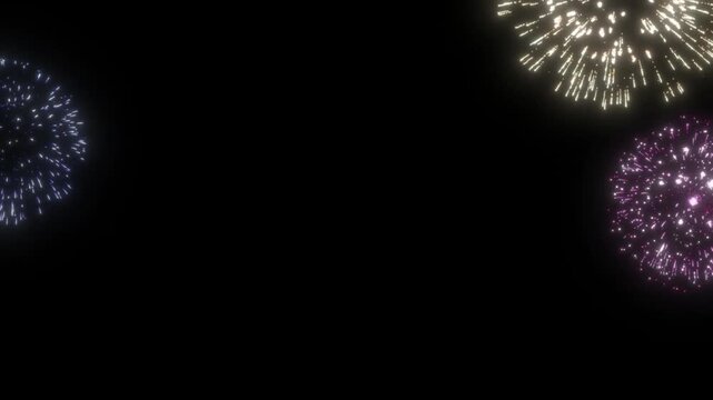 Brightly colored celebratory fireworks explode spectacularly against the deep black night sky creating a perfect festive background border.