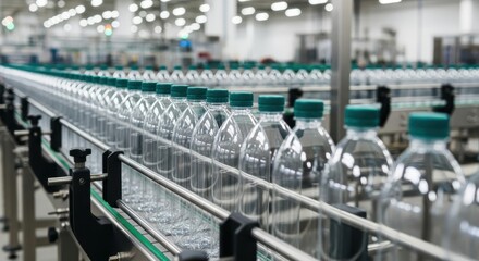 Naklejka premium Numerous transparent plastic water bottles with green caps moving along an automated production line in a factory