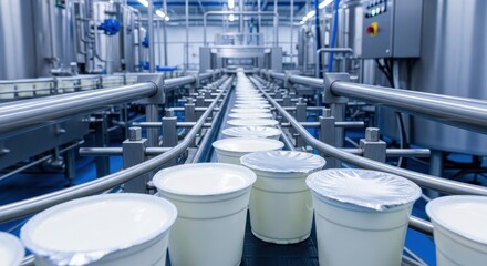 Automated production line moving yogurt containers through a modern food processing factory © Sara