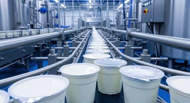 Automated production line moving yogurt containers through a modern food processing factory