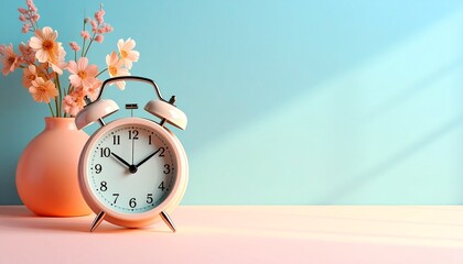 マットなアプリコットカラーの床面とスムースなパステルブルー壁を組み合わせた単色背景に、パステル調レトロ目覚まし時計を片隅に小さく配置したミニマル構図。
柔らかな自然光とスタジオライティングが質感を美しく表現。
80年代ポップな配色が明るくノスタルジックな雰囲気を演出。
広告、バナー、季節キャンペーン、ブランドビジュアルに最適。
