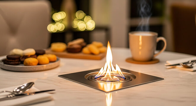 Modern Tabletop Fire Pit on Marble Dining Table with Snacks and Coffee in Cozy Setting