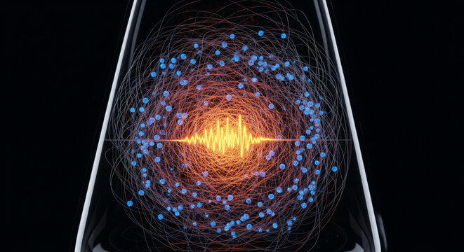 Conceptual Abstract Illustration of a Quantum Particle with Swirling Energy Threads and Light Wave