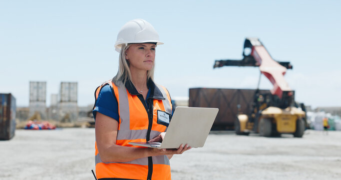 Outdoor, logistics and woman with laptop for inspection, shipment delivery or export management system. Shipping yard, planning or supervisor with cargo quality control, coordinate distribution or pc