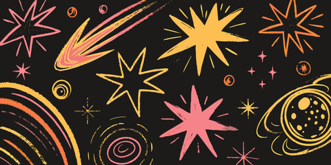 Colorful chalk style illustration of stars planets and comets on a black background © Dipu