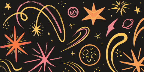 Colorful hand drawn illustration of stars planets and celestial objects against a dark background © Dipu