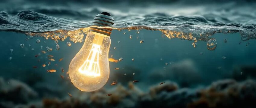 A bright lightbulb immersed in the water, surrounded by tiny fish