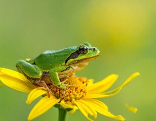 Fototapeta premium A vibrant green frog sits perched upon a bright yellow sunflower, showcasing natural colors and textures against a blurred backdrop