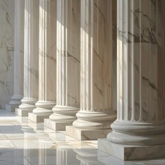 Series of classical marble pillars bathed in bright sunlight