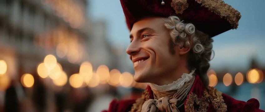 An elegant guy wearing a crimson velvet cloak and powdered wig in an 18th-century Venetian attire. Historical masquerade profile photo at dusk during Carnival of Venice with city lights in backdrop.