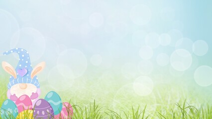 Obraz premium Easter gnome wearing bunny ears among painted eggs