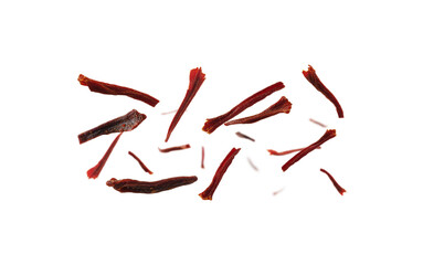 Saffron stamens levitate on a white background