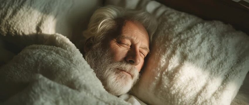 A white blanket covers an elderly guy who is dozing off in bed. restful sleep in a comfortable bedroom. An overhead view of a man dozing off in a calm setting