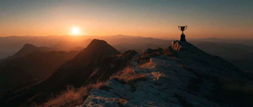At dusk, a golden trophy sits atop a mountain. Represents achievement, victory, and the zenith of success