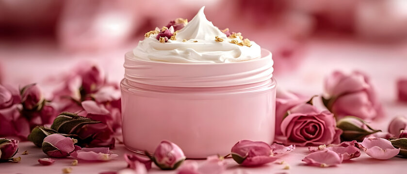 Pink jar&nbsp;filled with&nbsp;white handmade body butter cream&nbsp;surrounded by&nbsp;dry rose petals.
