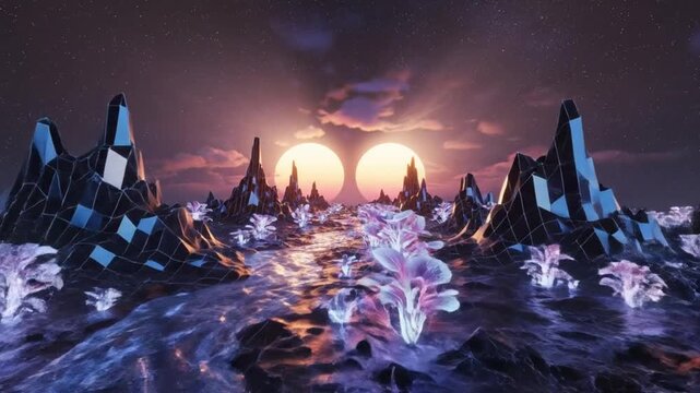 A futuristic landscape with crystal formations and twin suns setting over a serene alien world, viewed from a low vantage point.