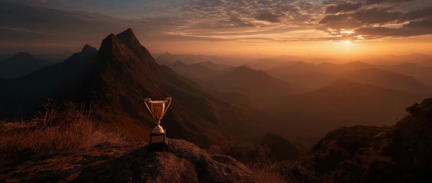 At dusk, a golden trophy sits atop a mountain. Represents achievement, victory, and the zenith of success