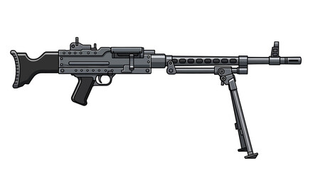 A detailed illustration of a rifle viewed from the side in a neutral background