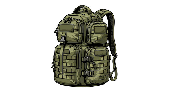 Illustration of a tactical backpack with multiple pockets and straps, viewed from the front.