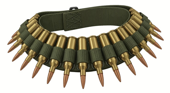 A military-inspired ammunition bandolier with brass bullets strapped around a leather belt, viewed from the front.