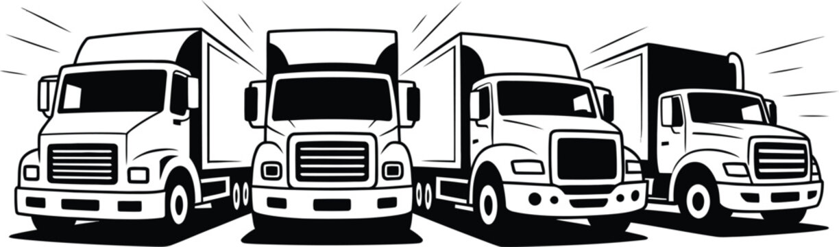 Four large freight trucks lined up in a row with bold outlines