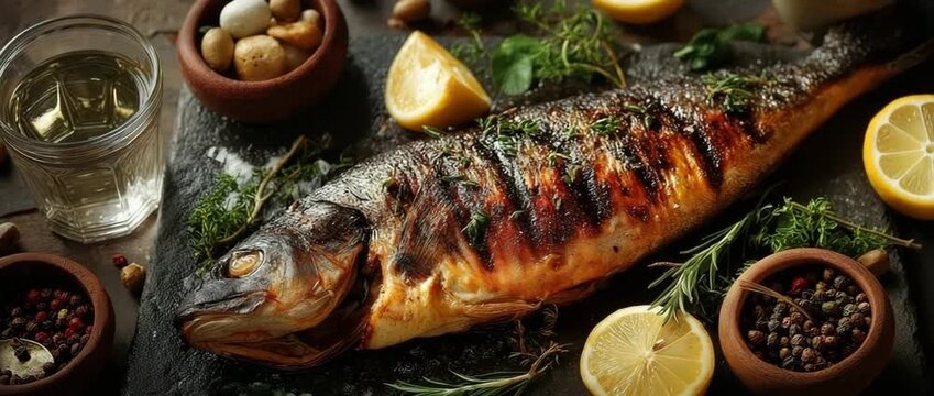 On a stone table, grilled entire fish was served with bread, water, and lemon. A customary Christian dinner during Lent or Good Friday