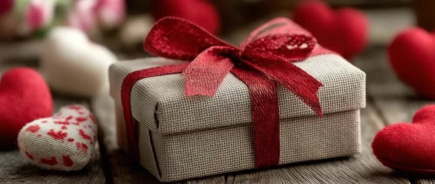 Hearts around the gift box. The packaging is decorated with a red ribbon. A romantic setting conveys joy, tenderness, and love. festive display.