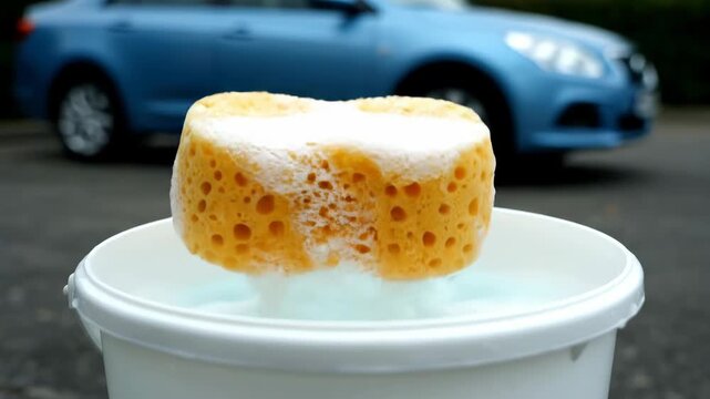 A yellow sponge dips into a bucket of sudsy water. It prepares for washing a blue car in the background.