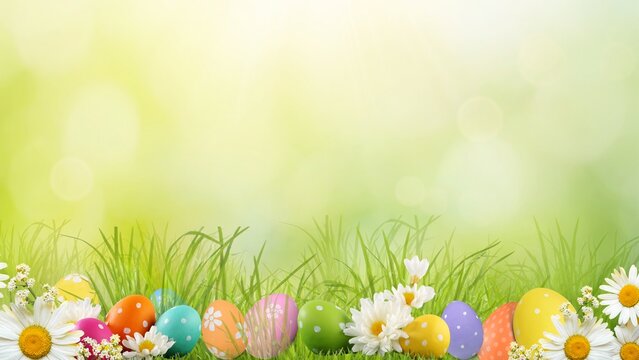 Colorful easter eggs hiding in fresh green grass