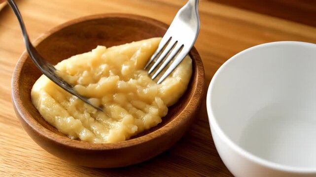 A hand mashes a ripe banana in a small wooden bowl. The creamy banana is prepared for a healthy meal.