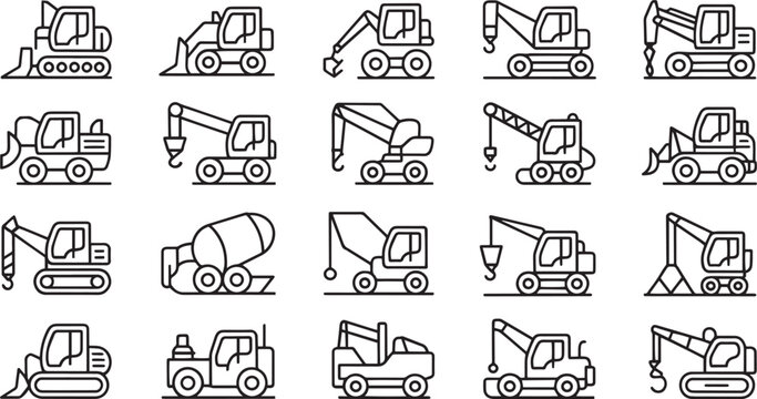 Collection of construction vehicle outline icons on a white background