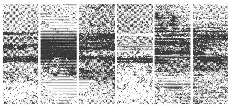 Abstract seven panel vertical grunge textures set Black and white vector distressed overlays with halftone dots and horizontal scan lines